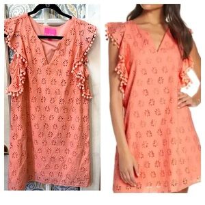 EUC Lilly Pulitzer Astara orange Eyelet palm tree pom pom ruffle Dress small